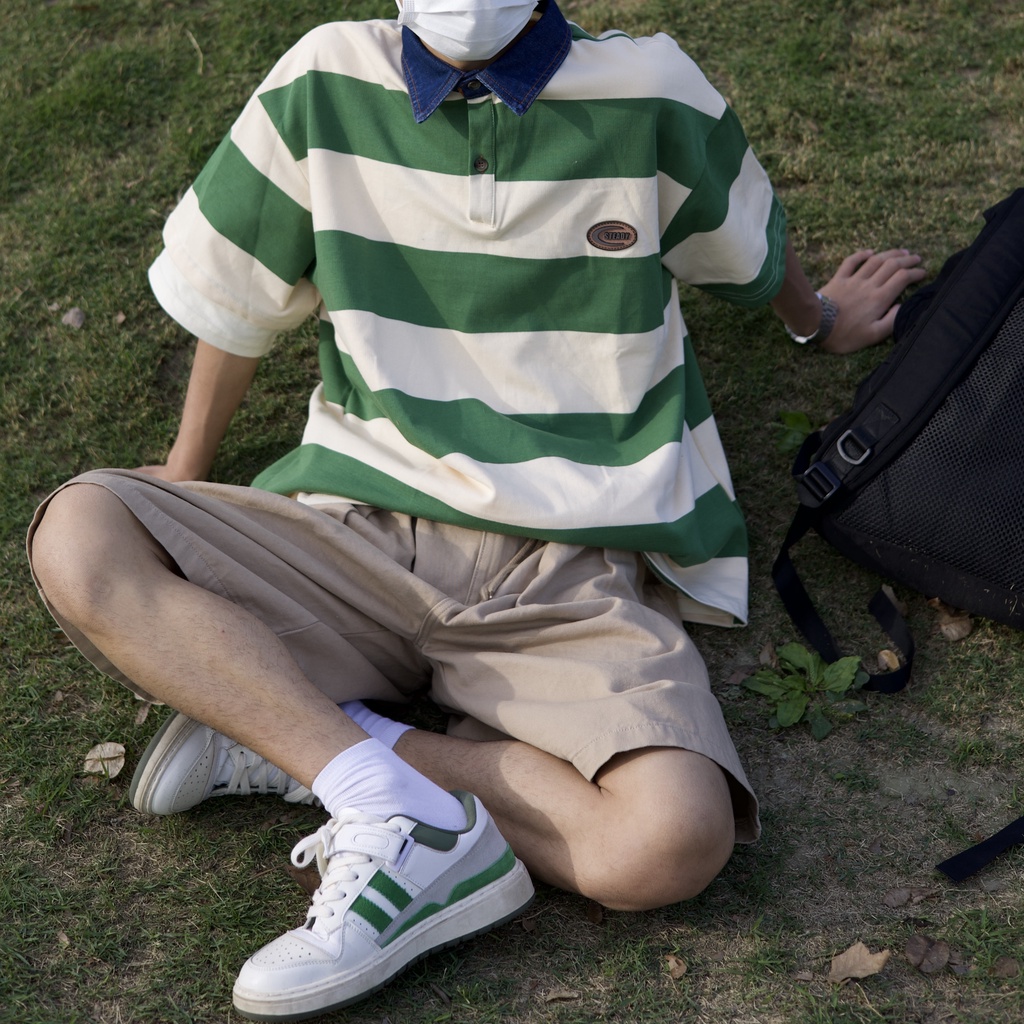 Áo Thun polo Ngắn Tay Dáng Rộng Họa Tiết Kẻ Sọc Màu Sắc Tương Phản Phong Cách Retro Nhật Bản Thời Trang Mùa Hè Cho Nam