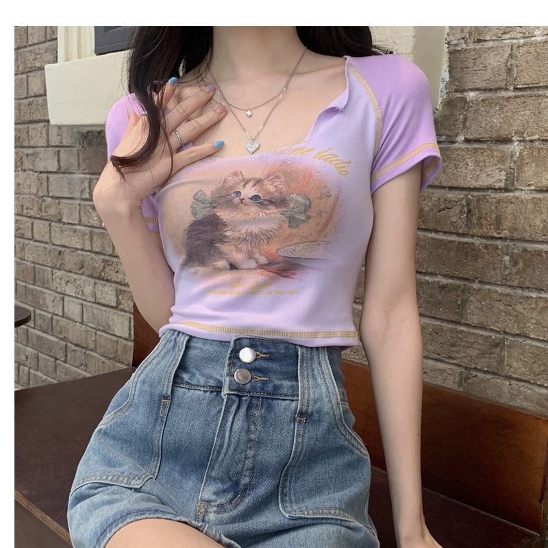 Áo baby tee Thun croptop Tay Ngắn Cổ Vuông In Họa Tiết Vui Nhộn Màu Sắc Tương Phản Thời Trang Mùa Hè Cho Nữ