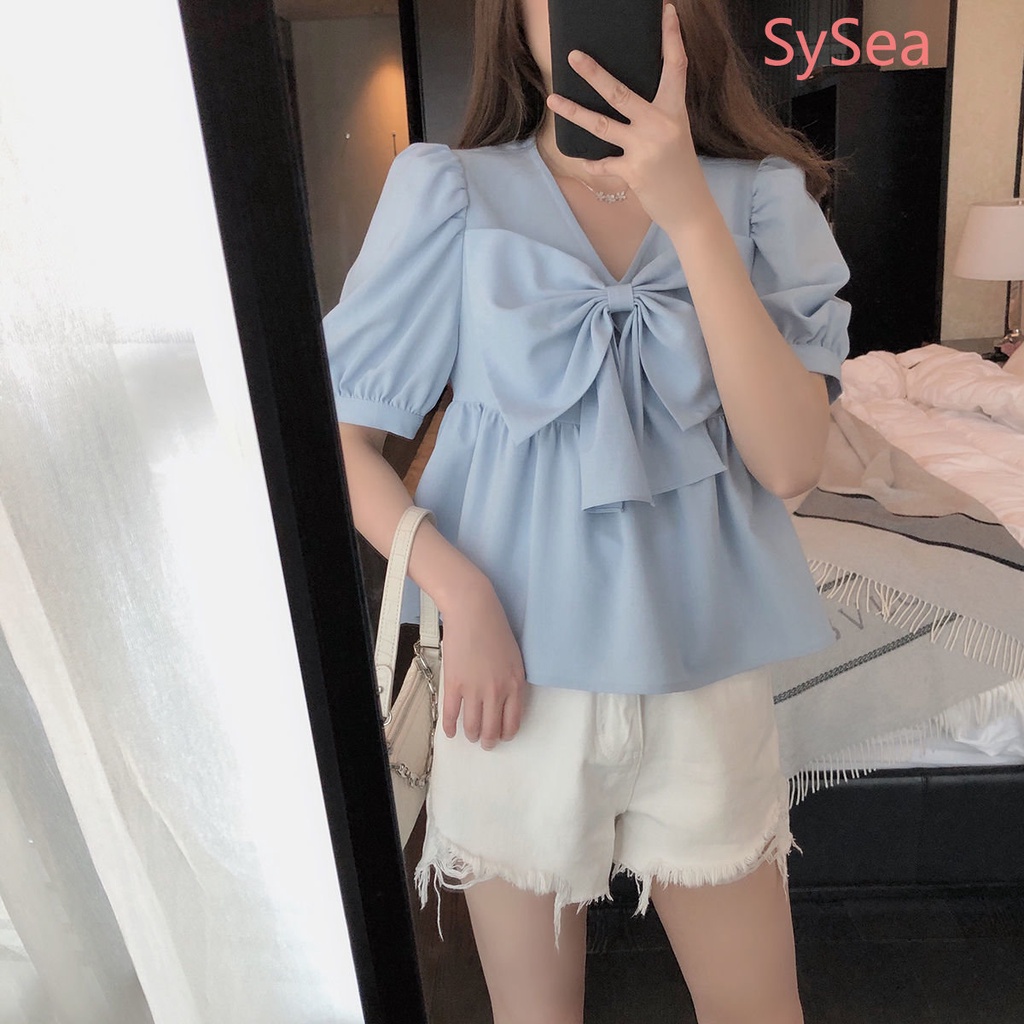 Plus Áo Sơ Mi Voan Dáng Rộng Cổ Chữ V Thắt Nơ Xinh Xắn Thời Trang Hè Cho Nữ