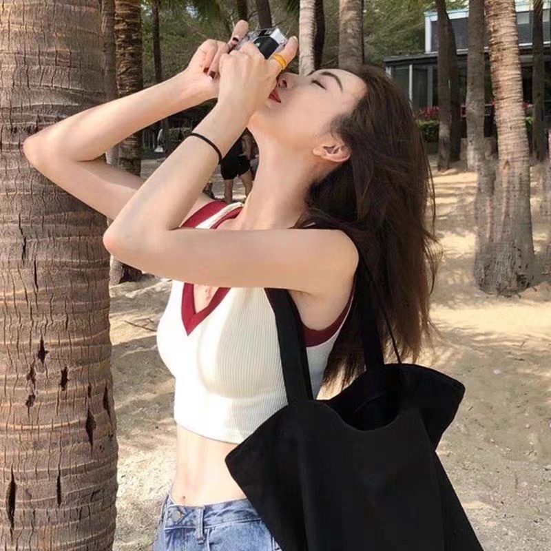 SUXI Áo Tank Top Dệt Kim Cổ Chữ V Màu Sắc Tương Phản Phong Cách Vintage Dành Cho Nữ