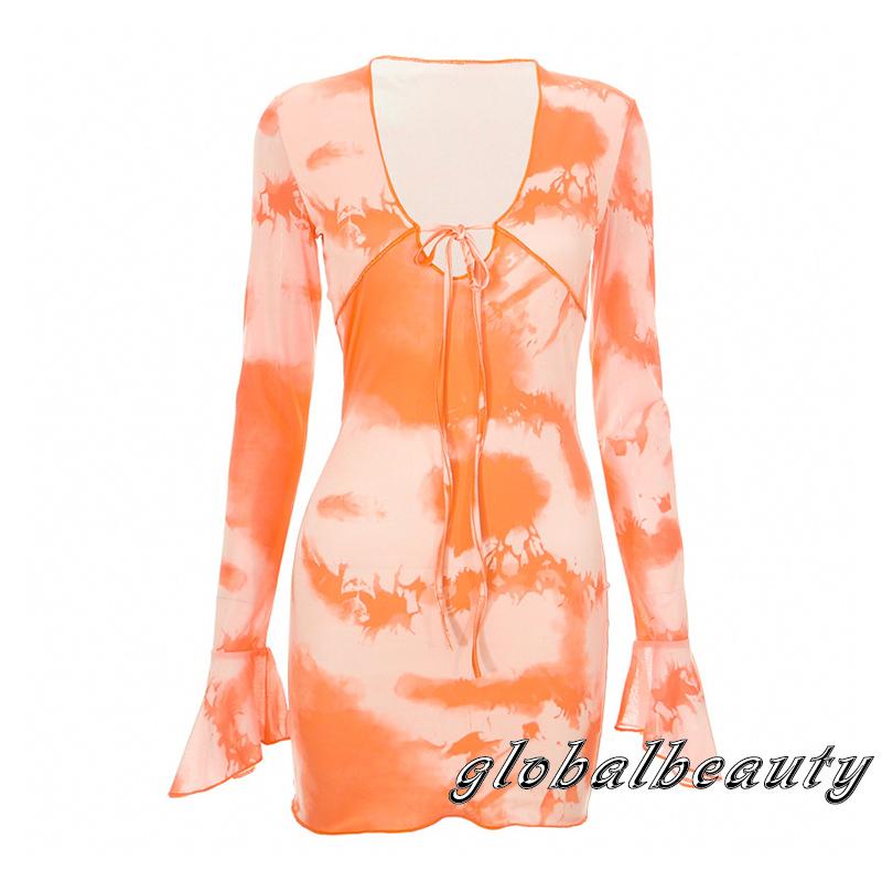 Đầm Tay Dài Cổ Chữ V Họa Tiết Màu Nhuộm Thời Trang Mùa Hè Cho Nữ