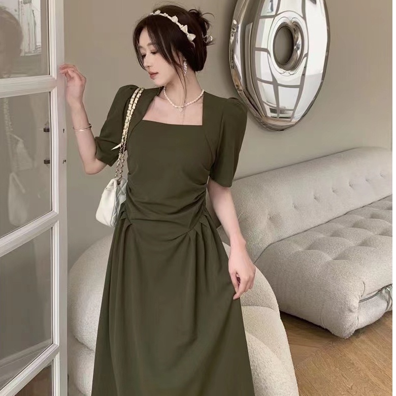 Đầm Tay Ngắn Cổ Vuông Màu Sắc Đơn Giản Phong Cách Pháp Thời Trang Mùa Hè Xinh Xắn Cho Nữ