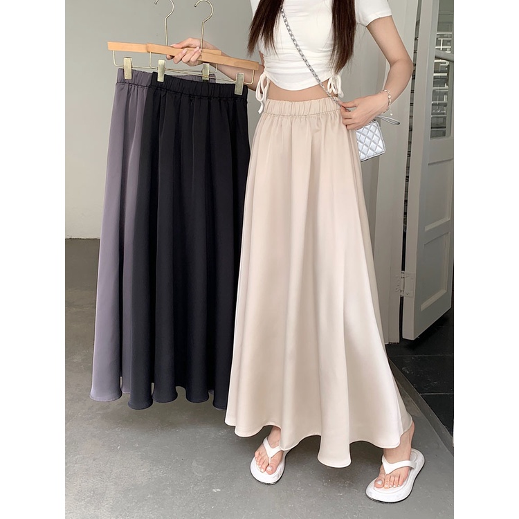 SUXI Chân Váy Satin Dài Lưng Thun Màu Sắc Đơn Giản Phong Cách Hàn Quốc