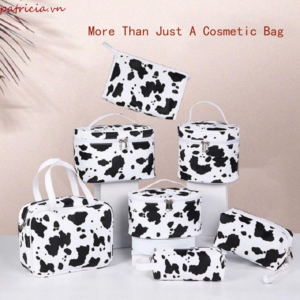 Túi Đựng Mỹ Phẩm Nhiều Ngăn Có Khóa Kéo Họa Tiết Bò Sữa Thời Trang