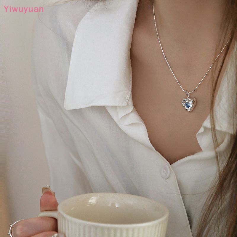 < Yiwuyuan > Vòng cổ Bạc Mặt Trái Tim Pha Lê Xanh Dương Thời Trang Hàn Quốc Mới Dễ Phối Đồ Trang Sức Đám Cưới Dành Cho Bạn Nữ