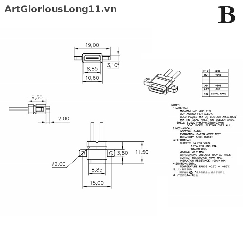 Giao Diện Sạc Nhanh ArtGloriousLong Type C 2 Pin Cổng female Chống Thấm Nước