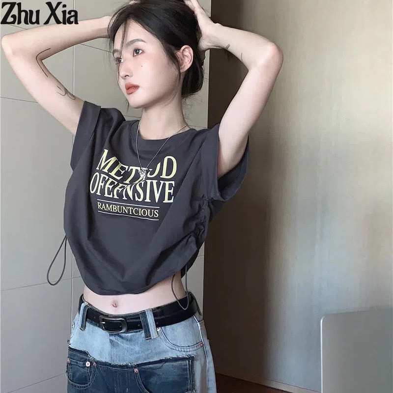 ZhuXia Áo Thun cotton Ngắn Tay Phối Dây Rút Phong Cách retro Mỹ Cho Nữ