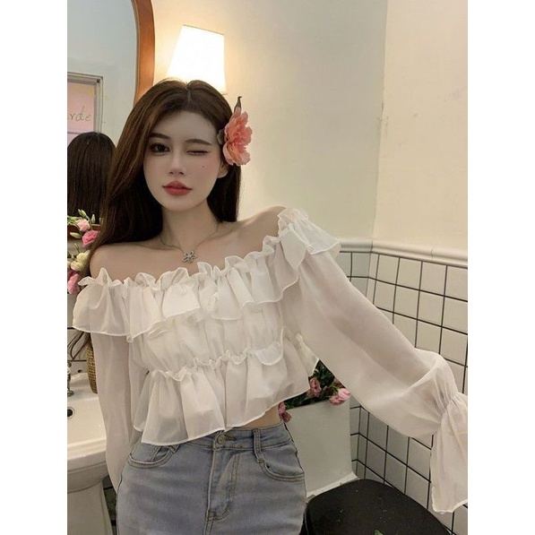 Áo Sơ Mi Tay Dài Xếp Nếp Trễ Vai Chống Nắng Phong Cách Mùa Xuân Mới Quyến Rũ