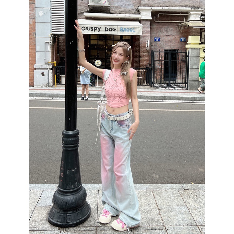 Quần Jean Ống Rộng Màu Sắc Tương Phản Graffiti Phong Cách Mỹ Thời Trang Mùa Hè Cho Nữ