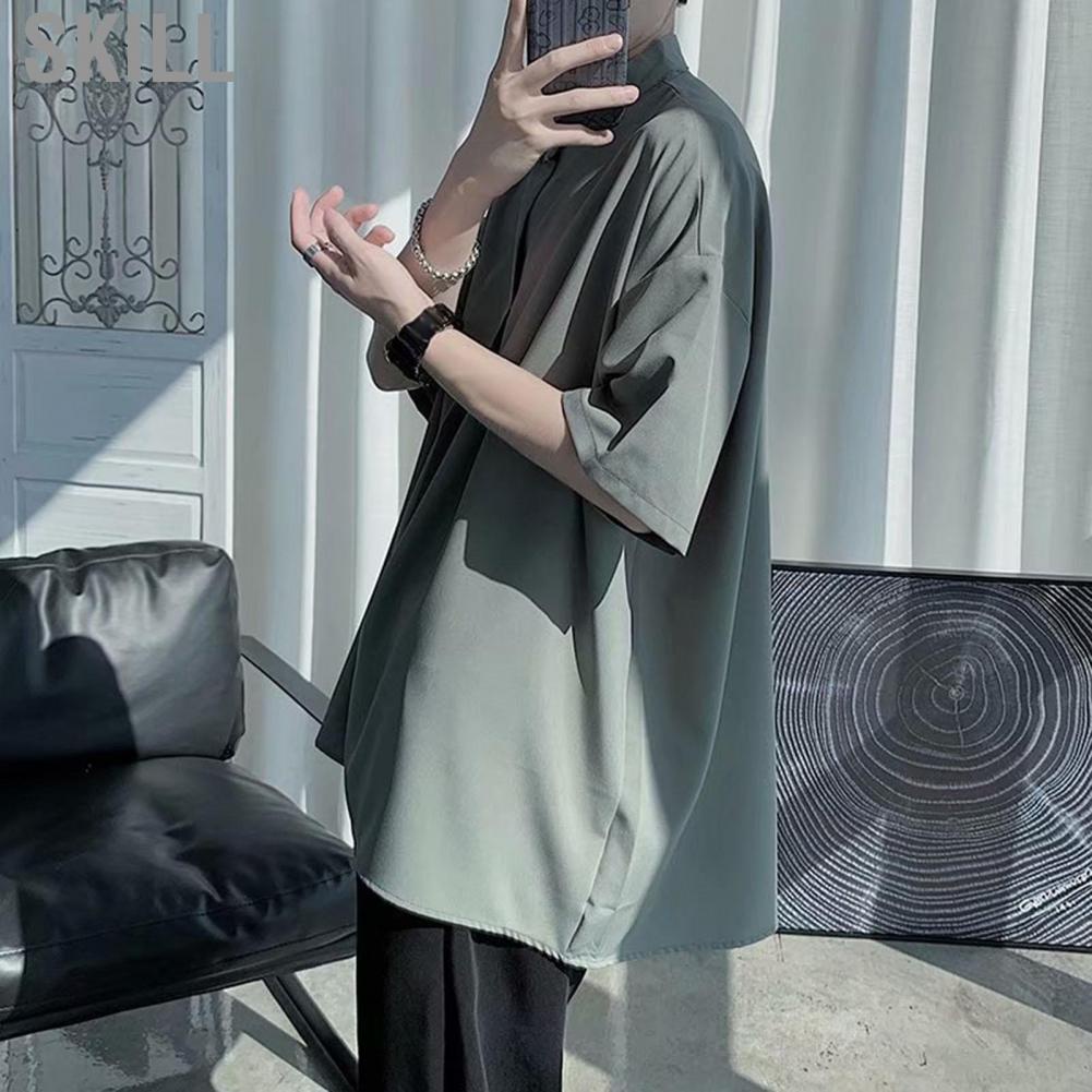 Skill Men Short Sleeve Shirt  Chemical Fiber Blended Loose Crisp Cut Japanese Style Wide Fabric Fashion for Summer