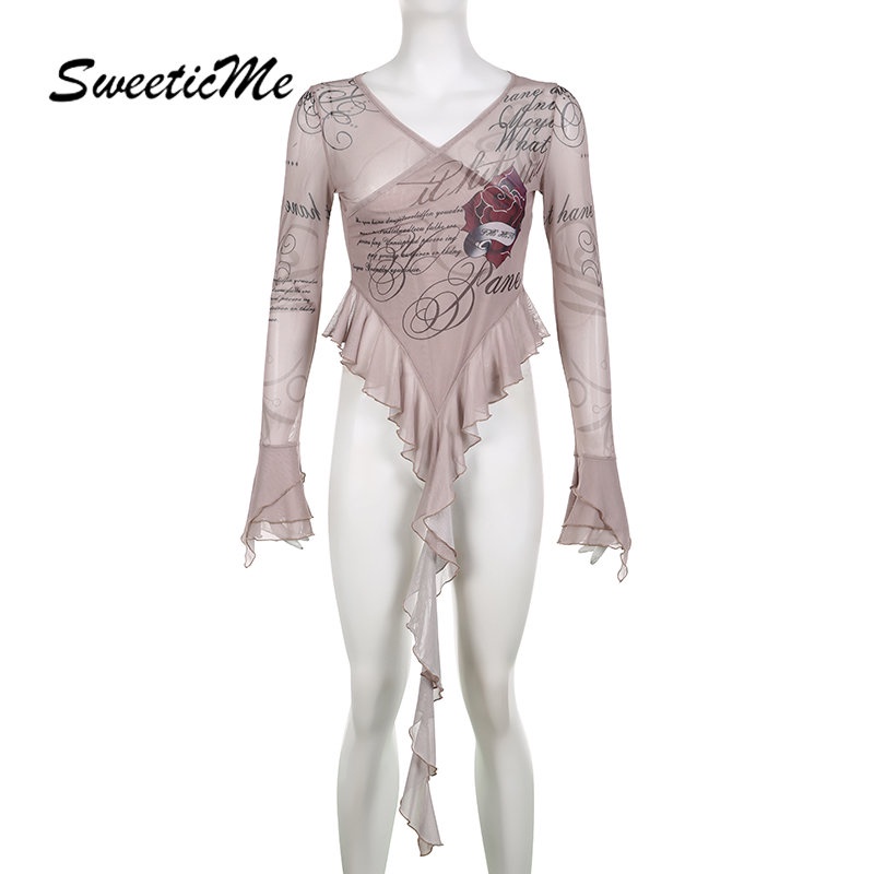 Áo Thun Tay Loe Cổ Chữ V Phối Màu Tương Phản Thời Trang Retro 2023 Cho Nữ