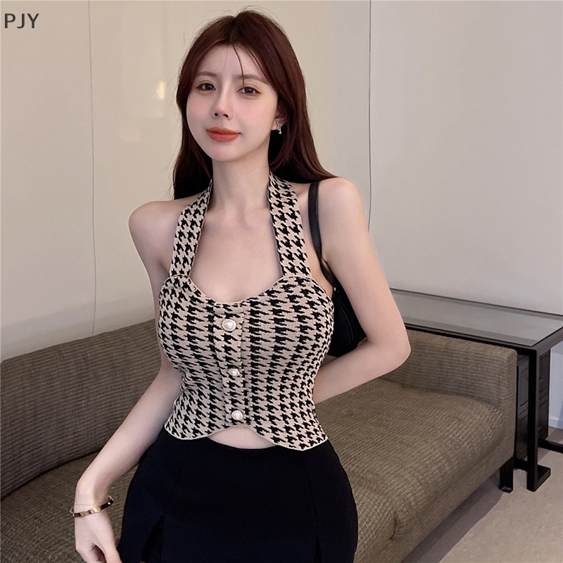 Áo Nữ Không Tay Họa Tiết Houndstooth Phong Cách Vintage Quyến Rũ PJ