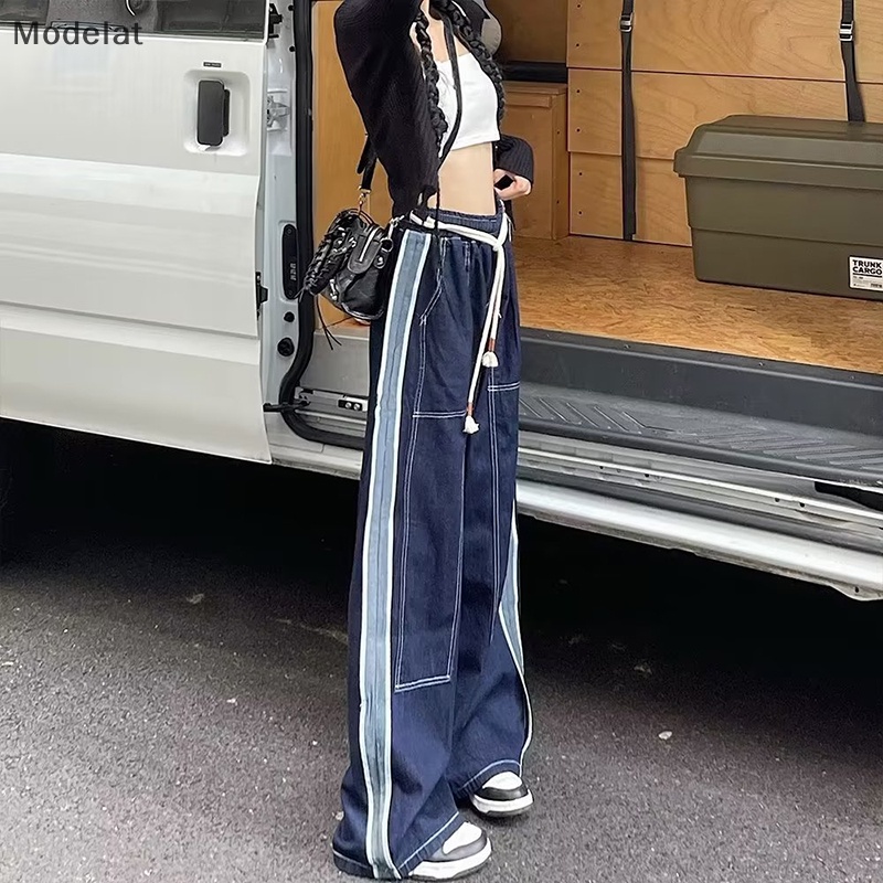 Quần Jean Ống Rộng Phối Dây Rút Màu Sắc Tương Phản Phong Cách Hip Hop MFC Thời Trang Cho Nữ