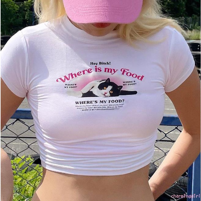 Áo Croptop Tay Ngắn Cổ Tròn In Chữ Và Hình Mèo Dễ Thương Cho Nữ