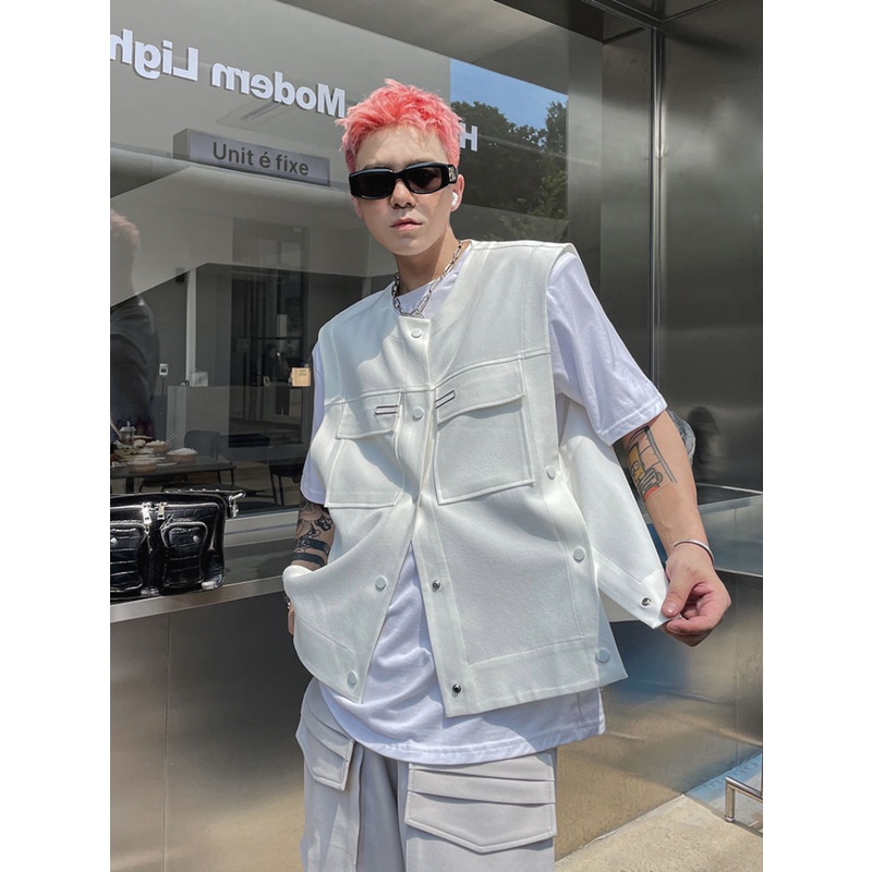 Áo Khoác Sát Nách Dáng Rộng Phối Túi Lớn Tùy Chỉnh Thời Trang Xuân Thu Cá Tính Cho Nam