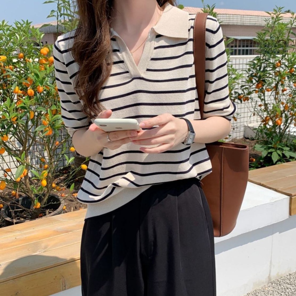 Áo Thun polo Ngắn Tay Họa Tiết Kẻ Sọc Phong Cách Retro Thời Trang Mùa Hè Cho Nữ