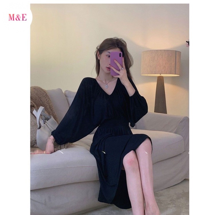 Đầm Hai Dây Dáng Dài Cổ Chữ V Màu Đen Phong Cách Hàn Quốc Thanh Lịch Thời Trang 2023