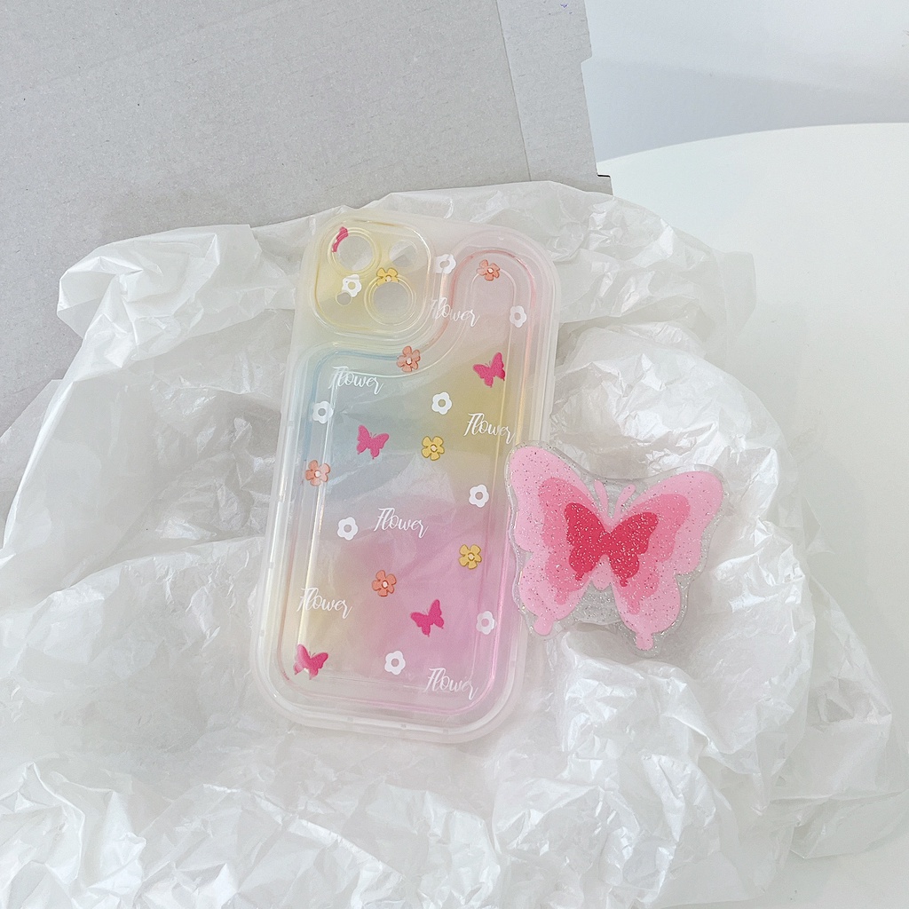 Ốp Điện Thoại TPU Silicone Mềm Trong Suốt Chống Sốc In Hình Bướm Hồng Sáng Tạo Có Giá Đỡ Cho iPhone 14 Plus 13 12 11 Pro Max