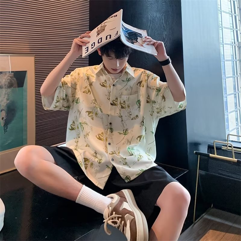 Áo Sơ Mi Tay Ngắn Dáng Rộng Họa Tiết Hoa Phong Cách Đường Phố Thời Trang Mùa Hè Cho Nam