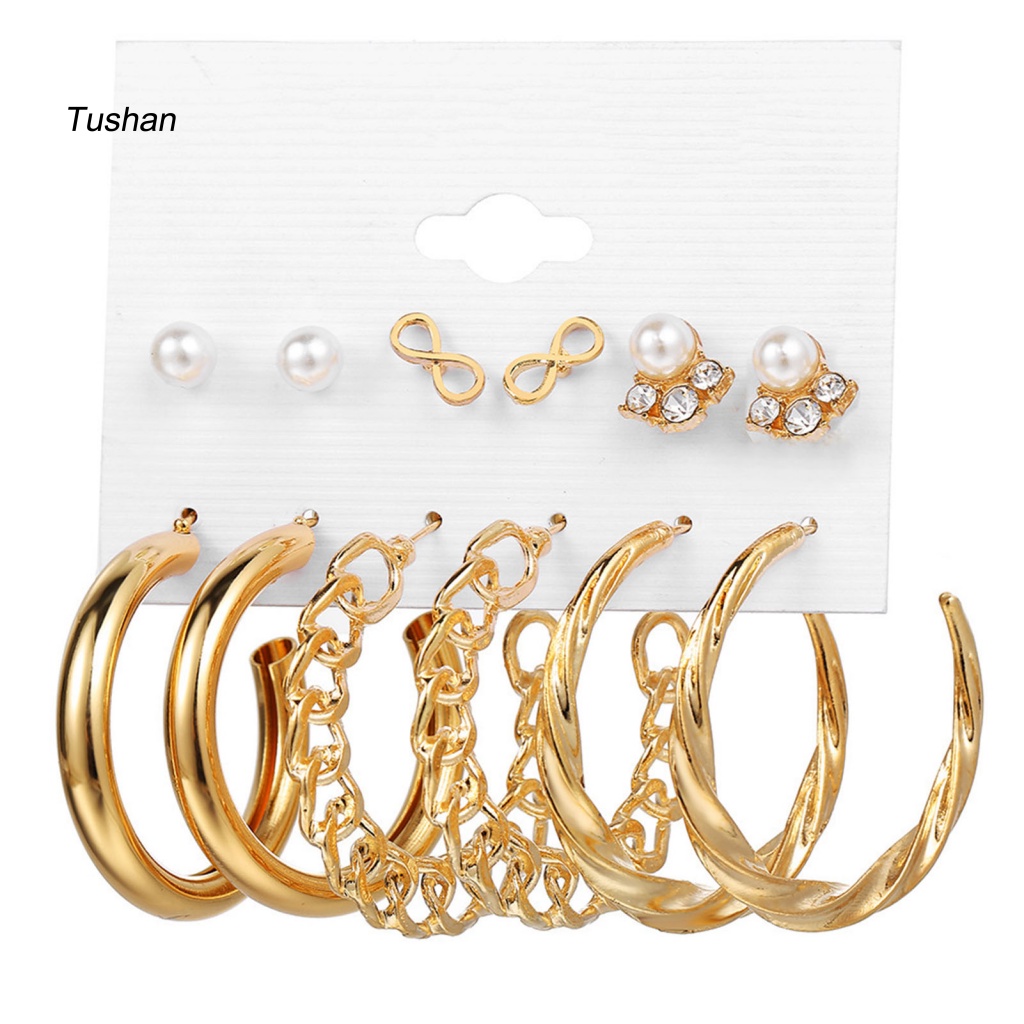 Set 6 Đôi Bông Tai Khoen Tròn Đính Ngọc Trai Giả Thời Trang Cho Nữ