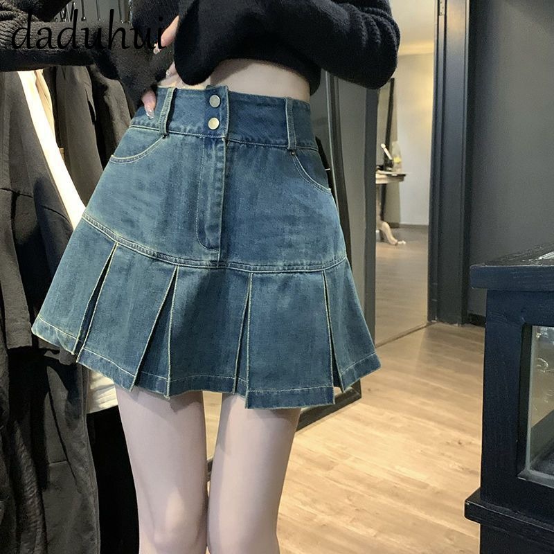 Daduhui New Korean Version of Ins Blue Denim Skirt High Waist Niche Pleated Skirt A- line Skirt Bag Hip Skirt