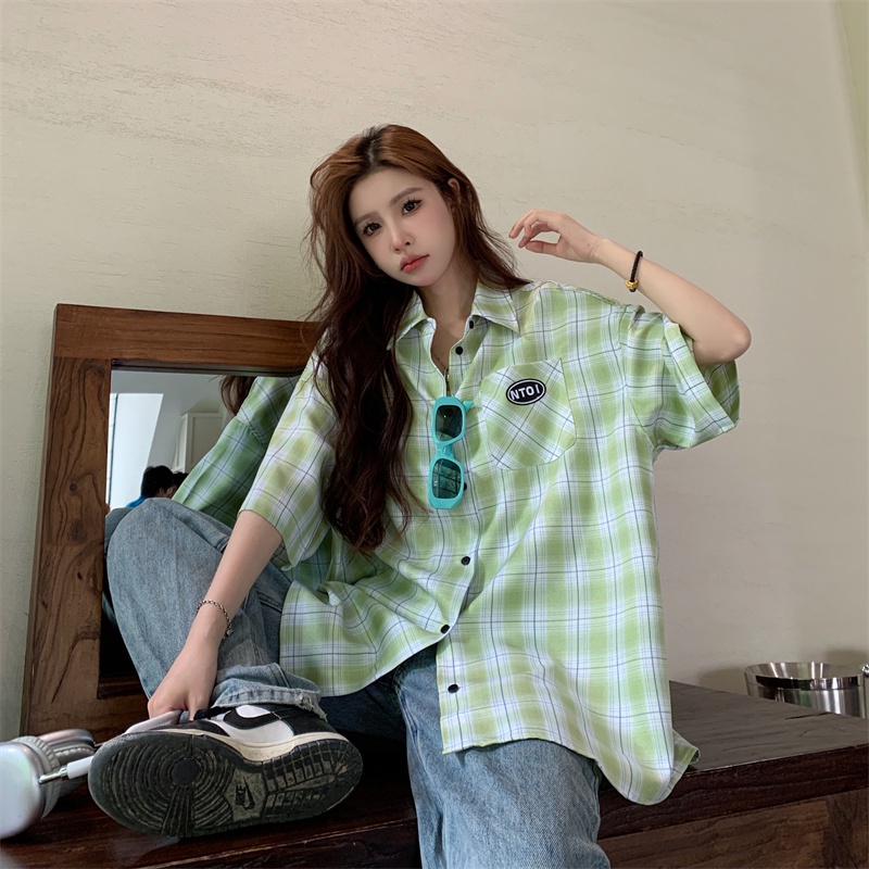 Áo Sơ Mi Tay Ngắn Dáng Rộng Họa Tiết Kẻ Sọc Màu Tương Phản Thời Trang Mùa