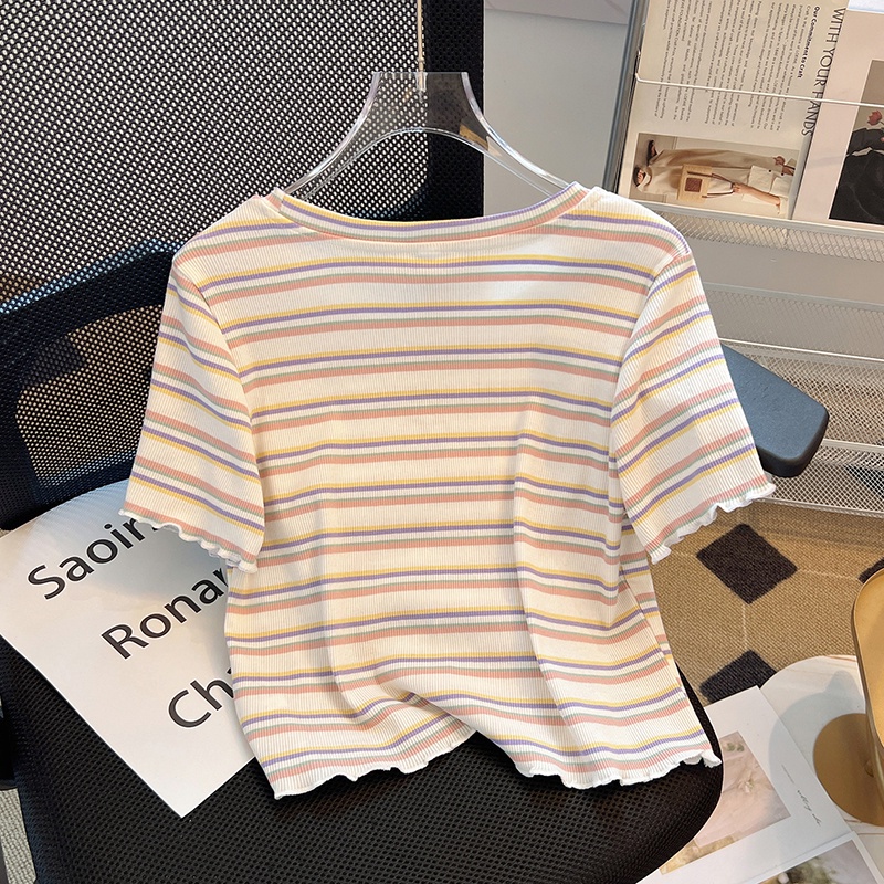 Áo Thun Ngắn Tay Họa Tiết Kẻ Sọc Màu Tương Phản Thời Trang Mùa Hè Mới Cho Nữ