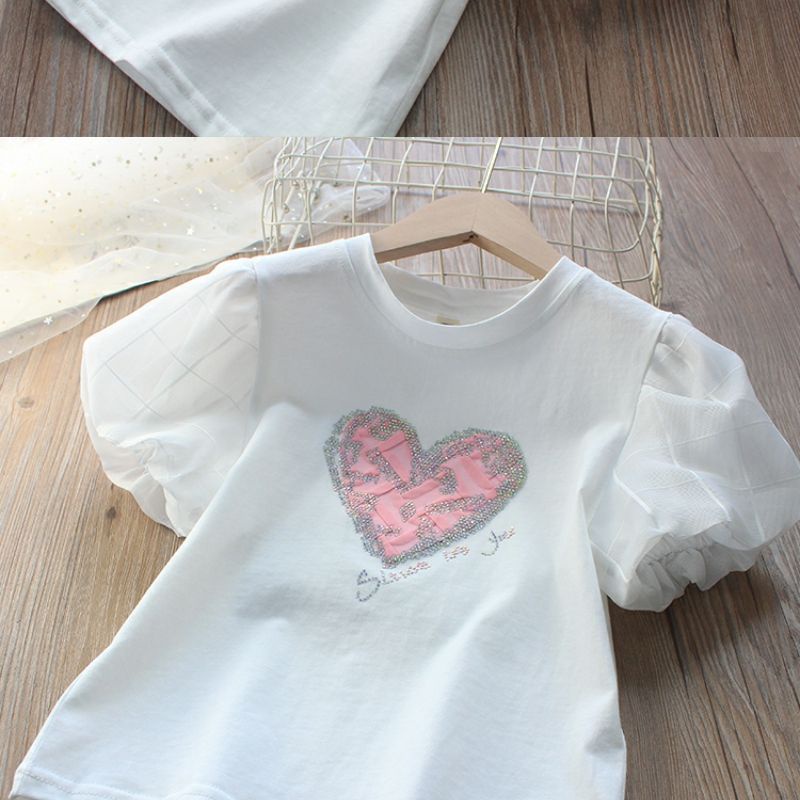 Áo Thun Cotton Tay Ngắn Phồng In Họa Tiết Trái Tim Phong Cách Phương Tây Thời Trang Mùa Hè Dành Cho Bé Gái