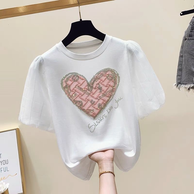 Áo Thun Cotton Tay Ngắn Phồng Phối Ren Màu Trắng Thời Trang Mùa Hè 2023 VDG9 Cho Bé Gái