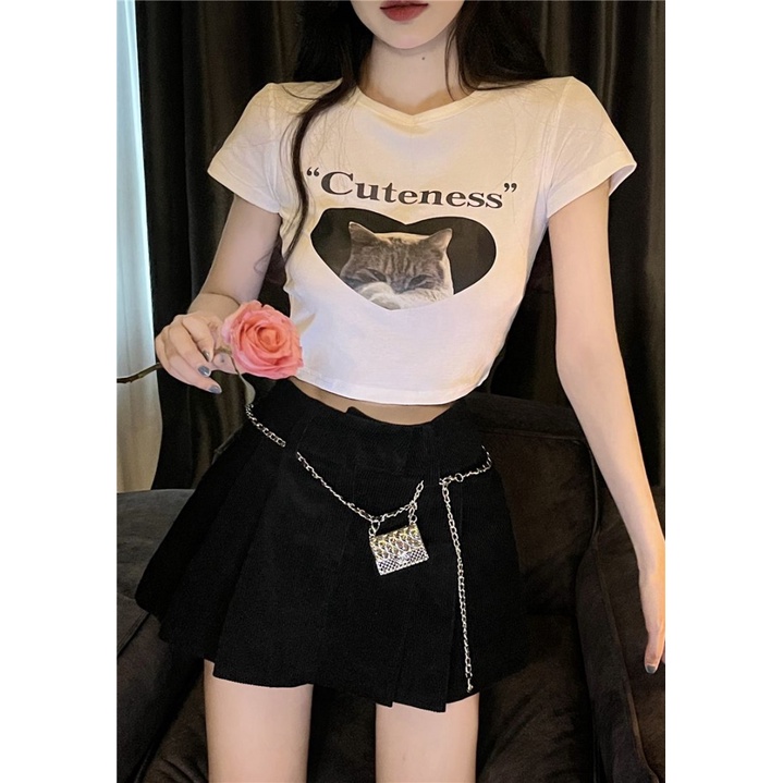 Áo baby tee Thun croptop nữ Tay Ngắn Hở Vai Dáng Ôm In Hình Mèo Màu Trắng Thời Trang Mùa Hè Dành Cho Bạn Nữ