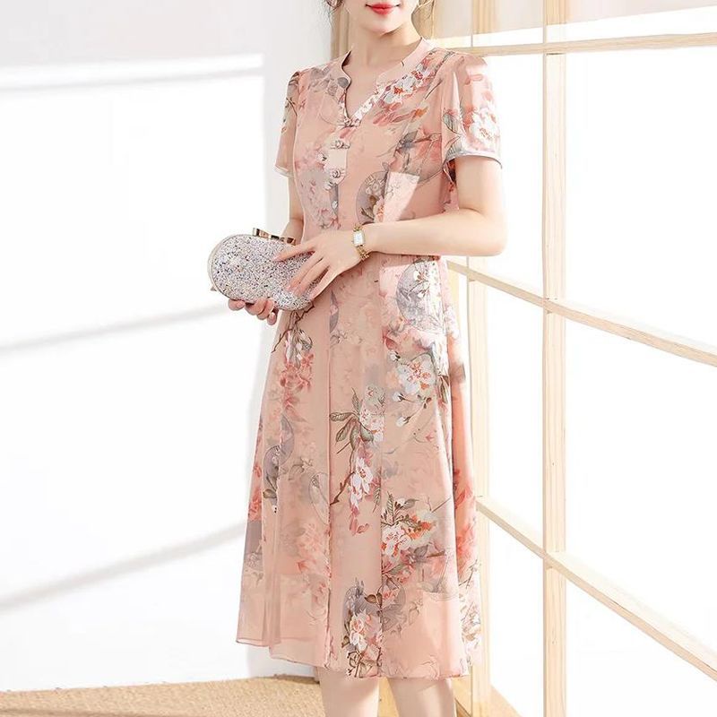 Đầm Sườn Xám Cách Tân Chất Liệu Chiffon Thời Trang Mùa Hè Cho Nữ Trung Niên 40-50 Tuổi