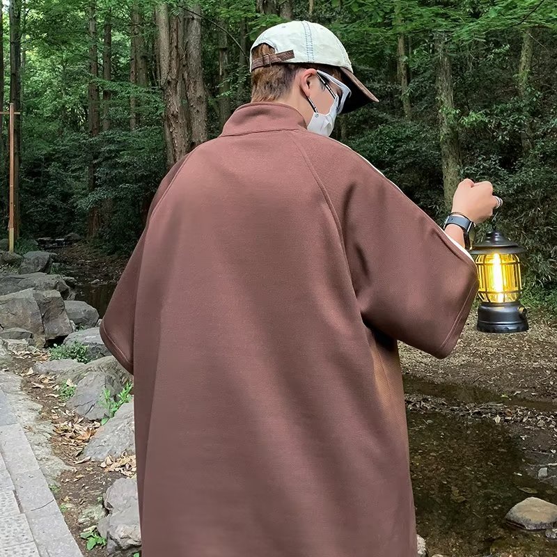 Áo Thun Polo Tay Ngắn Cổ Đứng Màu Tương Phản Phong Cách Retro Mỹ Cho Nam