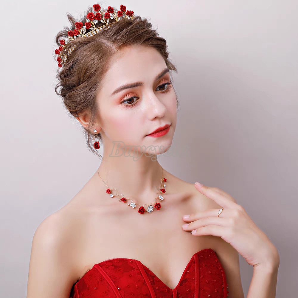 Vương Miện Cô Dâu Đính Hoa Hồng Đỏ Thời Trang