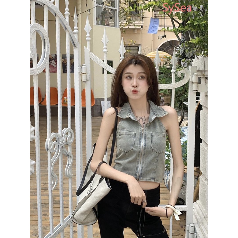 Áo Hai Dây Hở Lưng Ôm Dáng Phối Khóa Kéo Quyến Rũ Cho Nữ