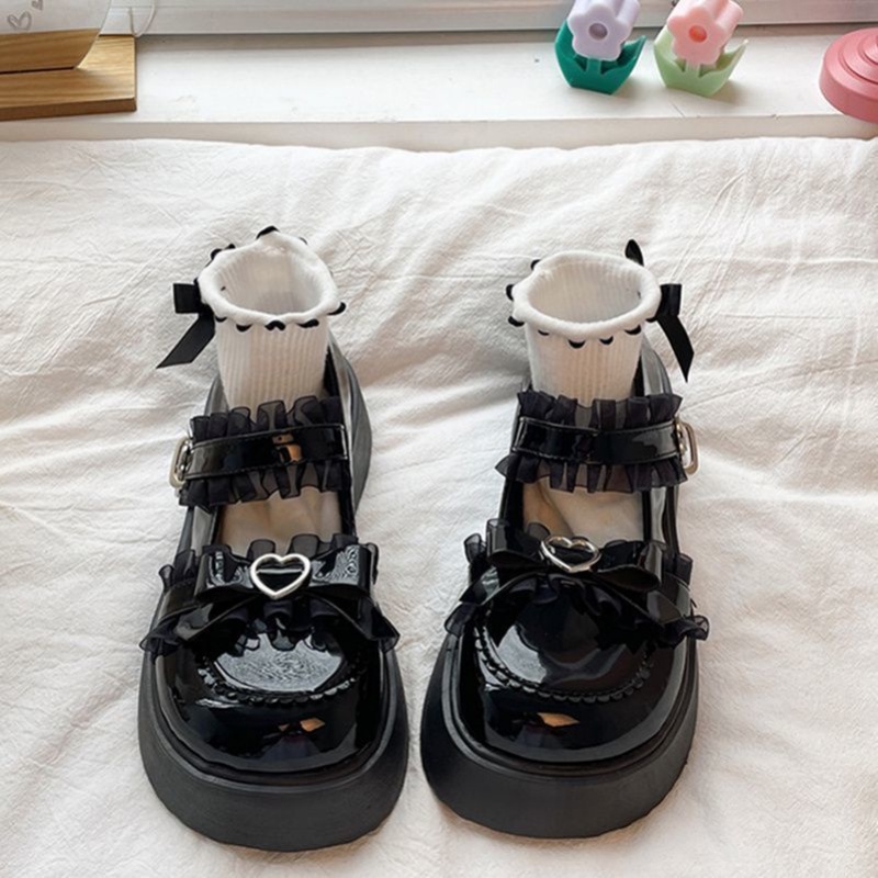 Giày nữ Lolita Da Đế Dày Đính Nơ Phong Cách Lolita Mary Jane vòng đầu giày đen