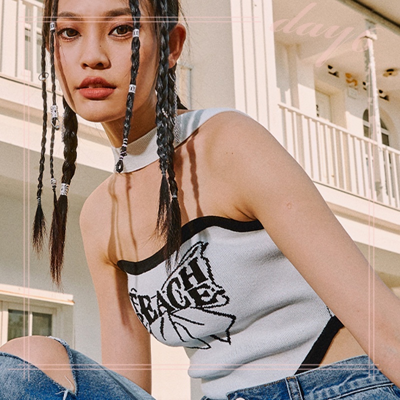 Áo Croptop In Chữ Thắt Nơ Phong Cách Retro Mỹ Cho Nữ