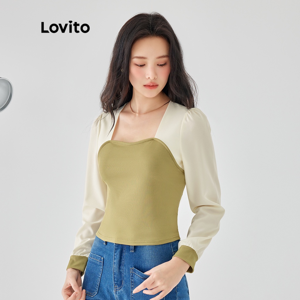 Áo Lovito tay dài cổ vuông phối lưới tương phản màu trơn cơ bản cho nữ LNE02226 (màu xanh lá)