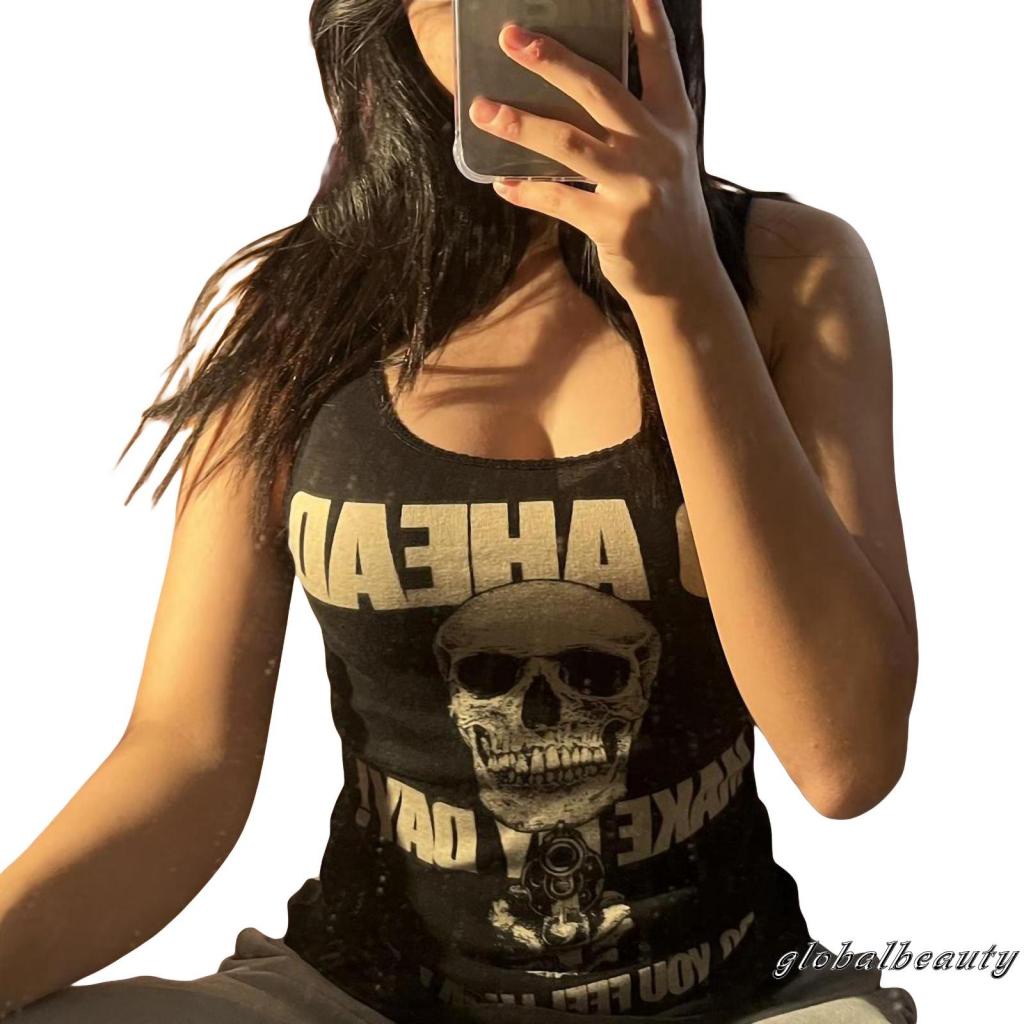 Áo Tank Top Cổ Chữ U Ôm Dáng In Họa Tiết Đầu Lâu Và Chữ Màu Đen Cho Nữ Đi Club Size S / M / L / XL