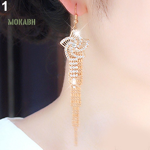 Bông Tai Hợp Kim Dáng Dài Hình Hoa Đính Đá Phối Tua Rua Thời Trang Cho Nữ