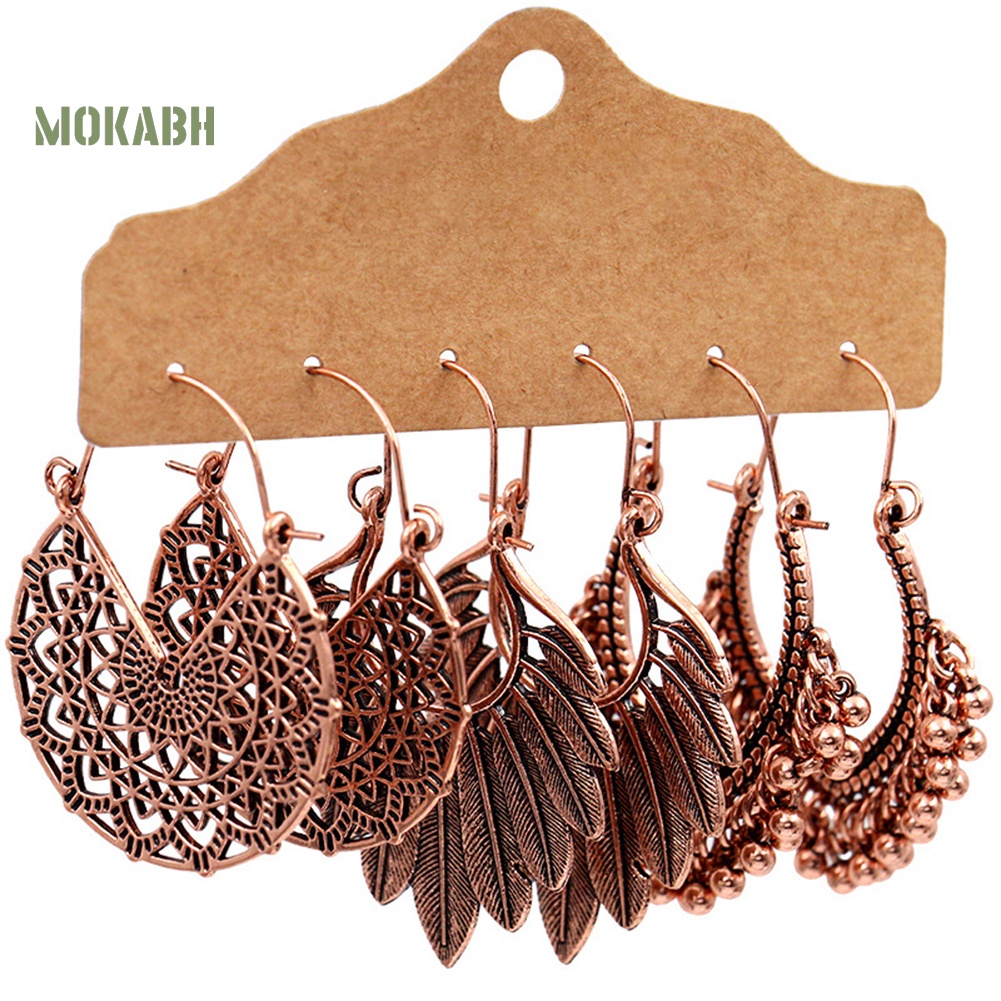 Set 3 Đôi Khuyên Tai Tròn Gắn Lông Vũ Phong Cách Boho