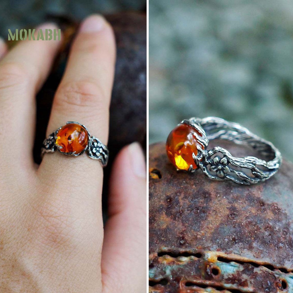 [Mới] Nhẫn Bạc Họa Tiết Hoa Rỗng Màu Hổ Phách Sang Trọng Cá Tính Dành Cho Nữ