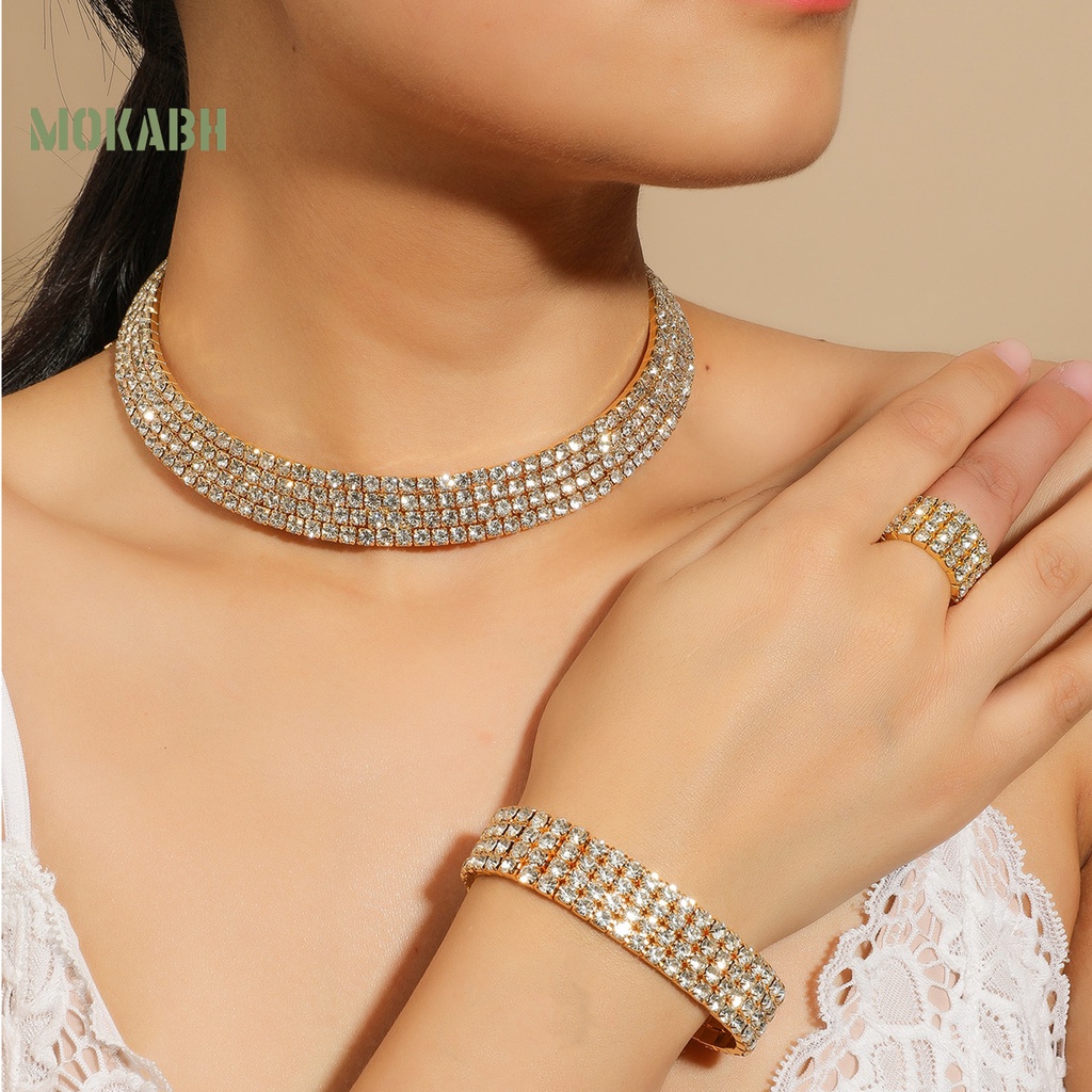 Bộ Trang Sức 4 Món Gồm Vòng cổ / Nhẫn / Bông Tai / Vòng Tay Mở Rộng Điều Chỉnh Được Nhiều Hàng Đính Đá