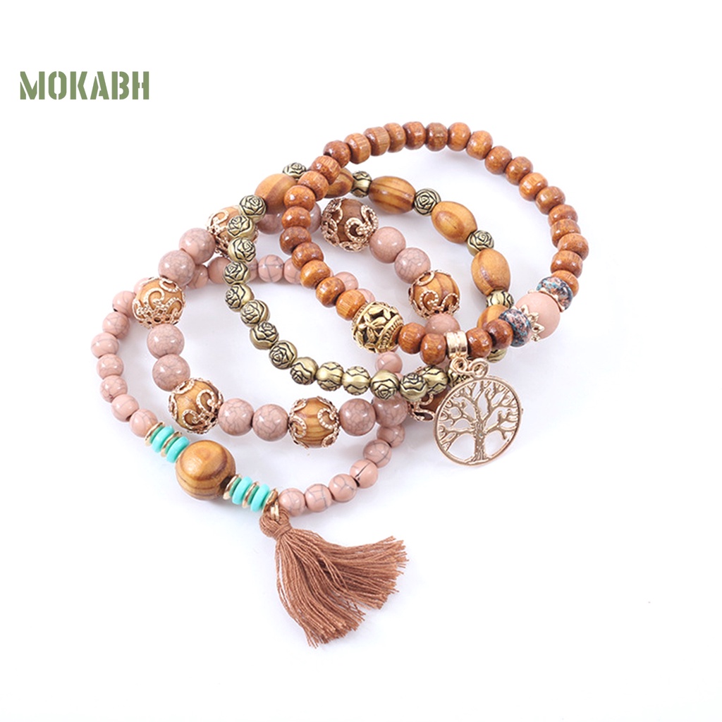 Bộ 4 Vòng Tay Chuỗi Hạt Gỗ Tua Rua Thời Trang Cho Nam Và Nữ