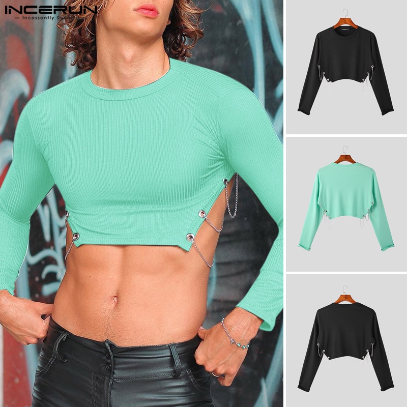 Áo INCERUN dệt kim tay dài dáng ngắn phối dây xích cá tính