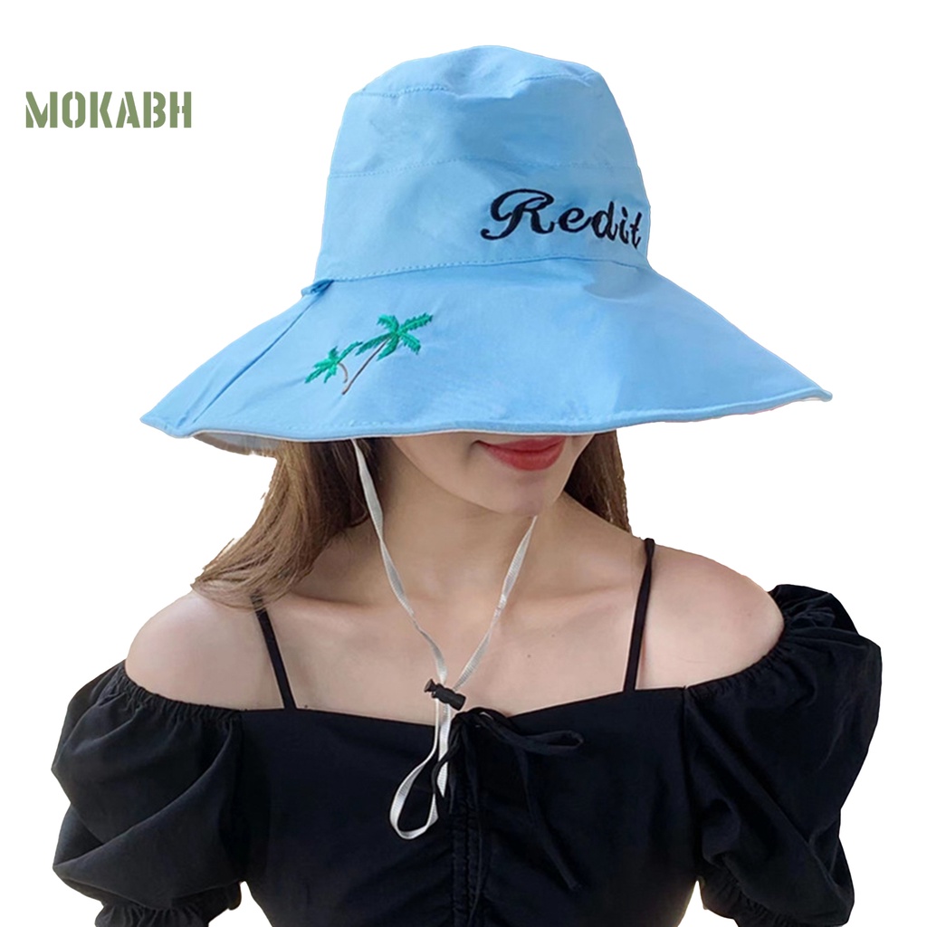 [Mok Abh] Nón Vành Tròn Dây Rút In Họa Tiết Cây Cối Và Chữ Cái Cho Nữ