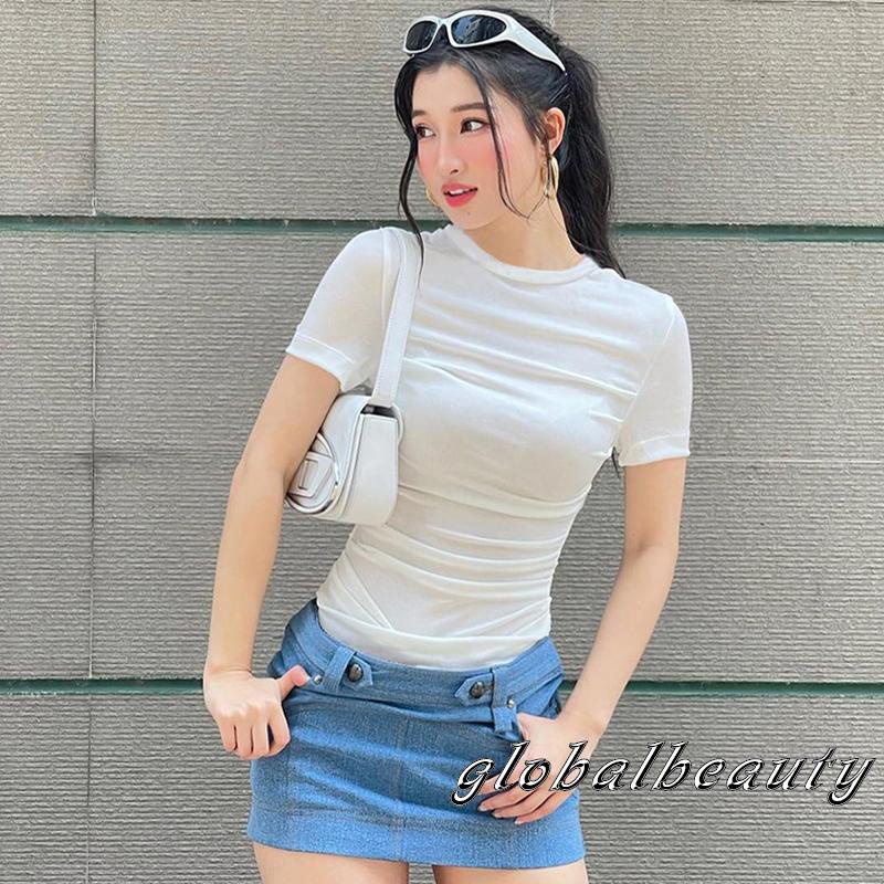 Áo Thun Ngắn Tay Cổ Tròn Xếp Ly Màu Trơn Thời Trang Mùa Hè Cho Nữ