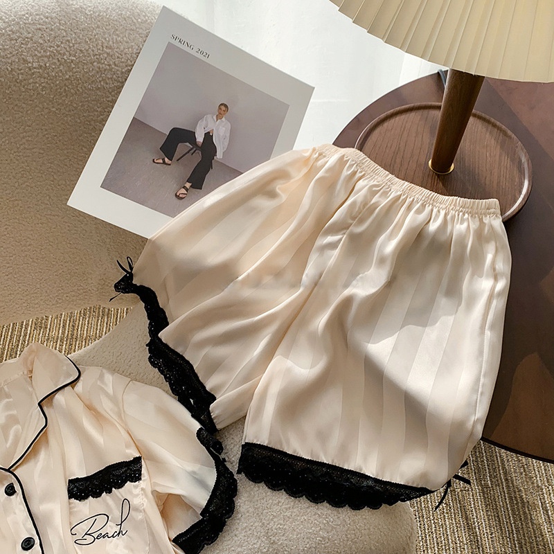 Bộ Đồ Ngủ Bằng Lụa satin Cao Cấp Họa Tiết Sọc In Chữ Đơn Giản Thời Trang Mùa Hè Hàng Mới