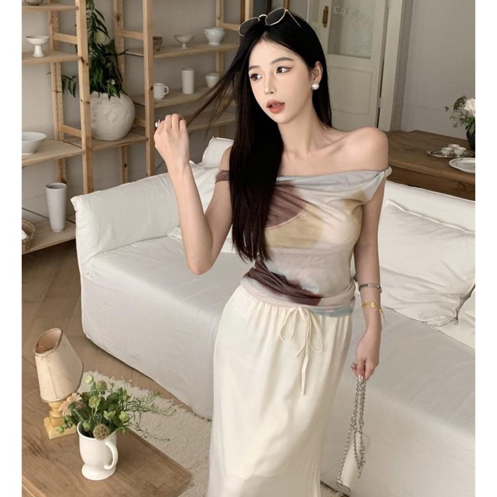 Áo Thun Sát Nách Hở Vai In Họa Tiết Màu Mực Độc Đáo Phong Cách Quyến Rũ