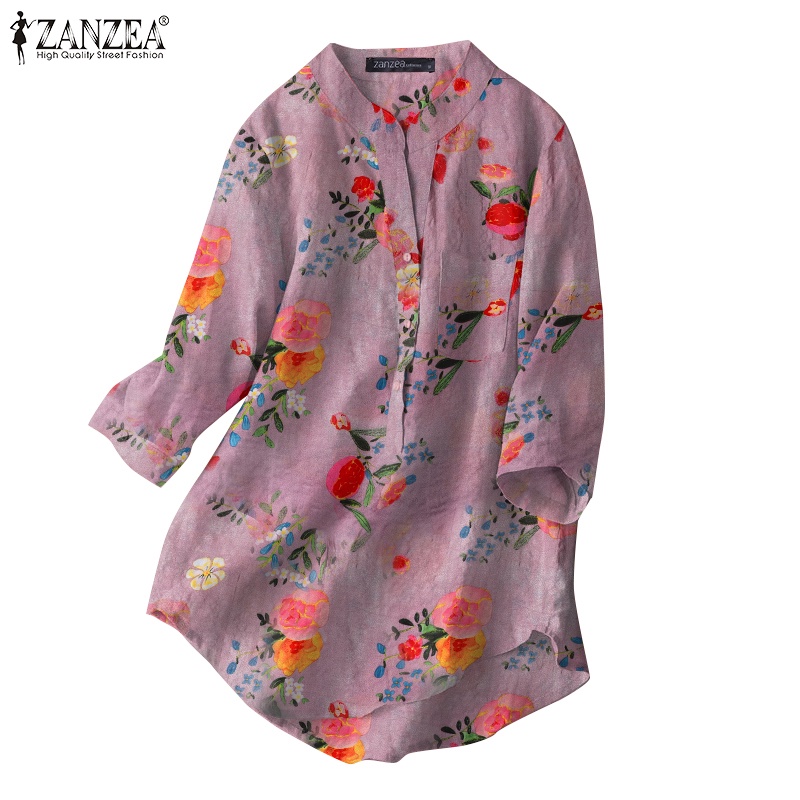 ZANZEA Áo Sơ Mi Tay Lỡ 3 / 4 Cổ Tròn Form Rộng Cài Nút Thời Trang Cho Nữ