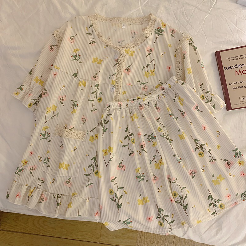 Bộ Đồ Ngủ Ngắn Tay Viền Ren Phong Cách Pháp Ngọt Ngào Mới Cho Nữ